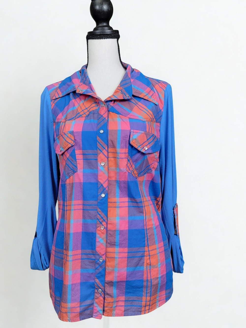 Mojo USA Women Petite 2XL Plaid Snap Button Down Shirt Blue Pink Orange Western